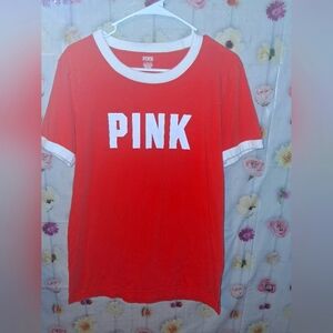 PINK Victoria's Secret Short Sleeve T-Shirt  Campus Ringer Orange/White *Large*